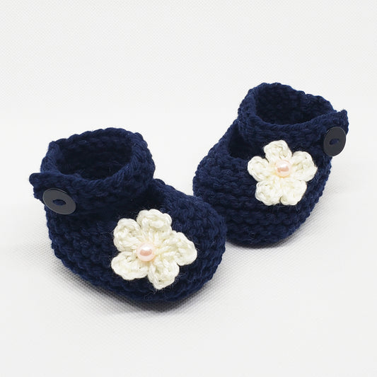 Navy Blue Baby Booties with Flower