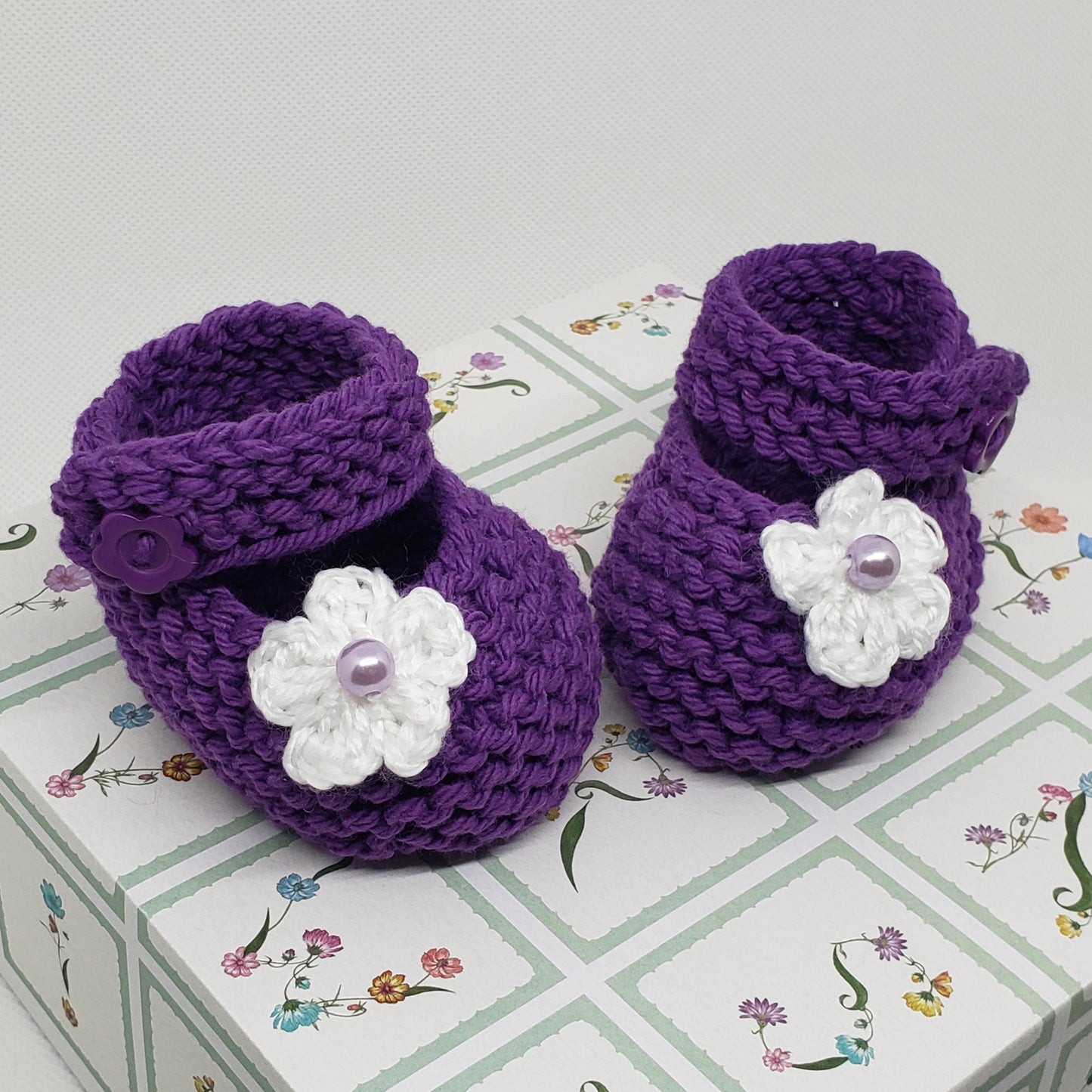 Purple Baby Booties with White Flower