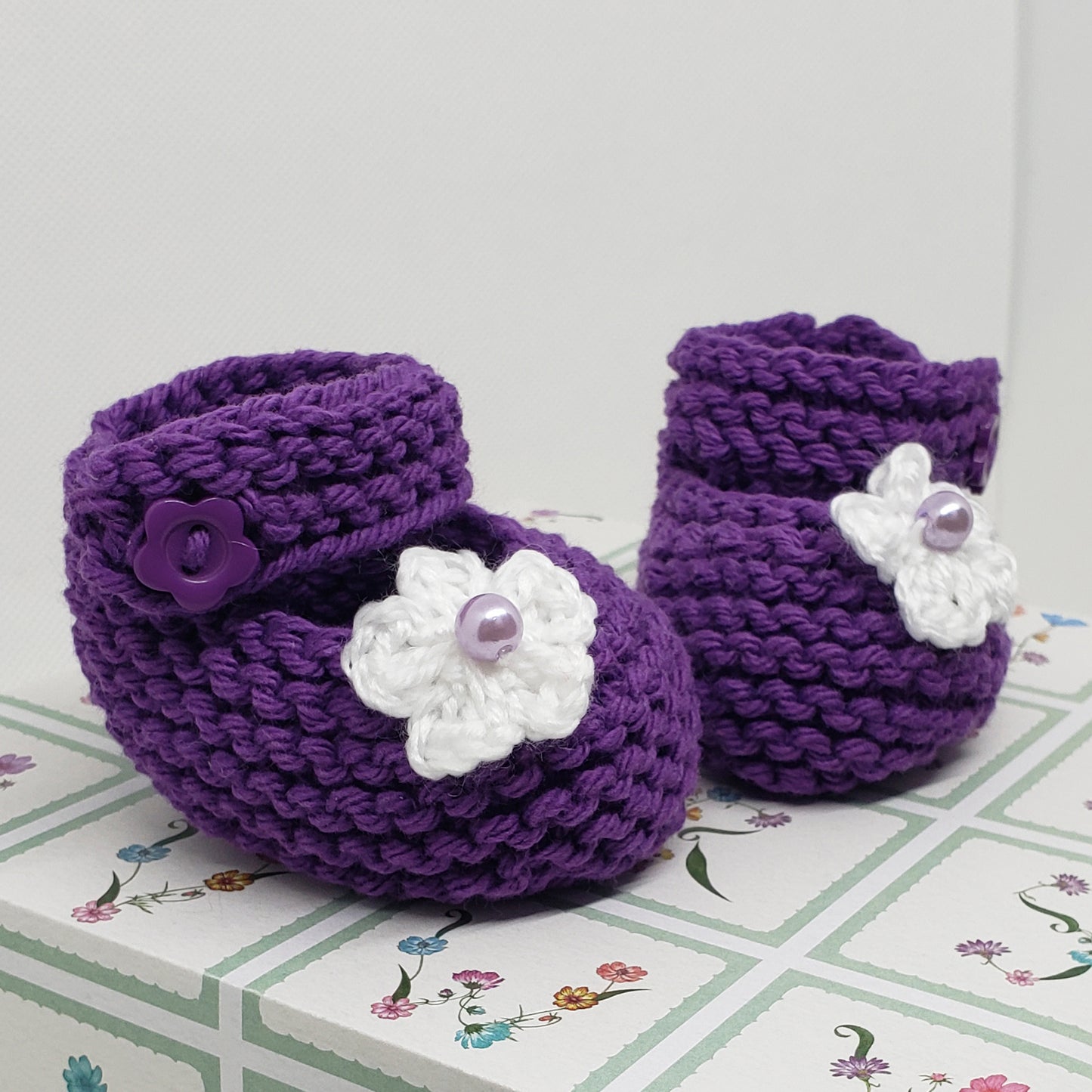 Purple Baby Booties with White Flower