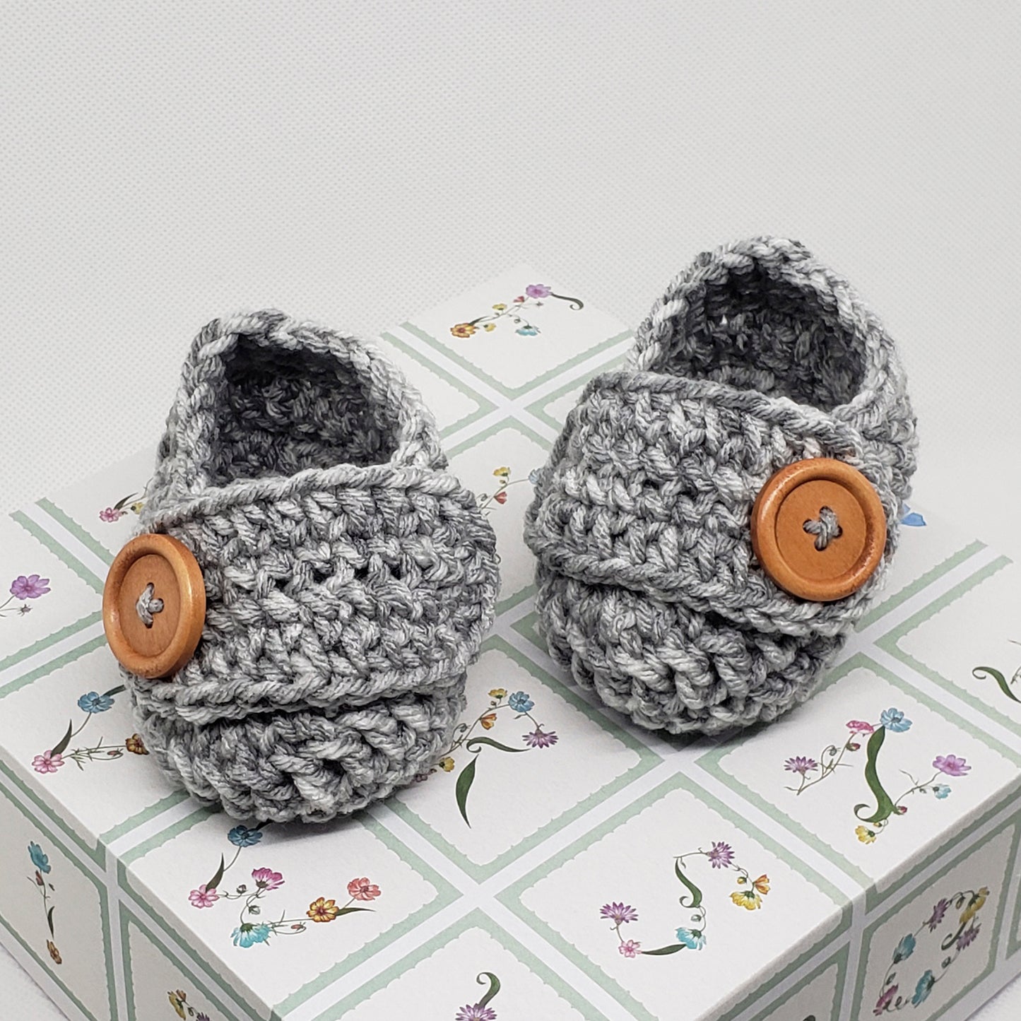 Gray Baby Booties with Brown Button