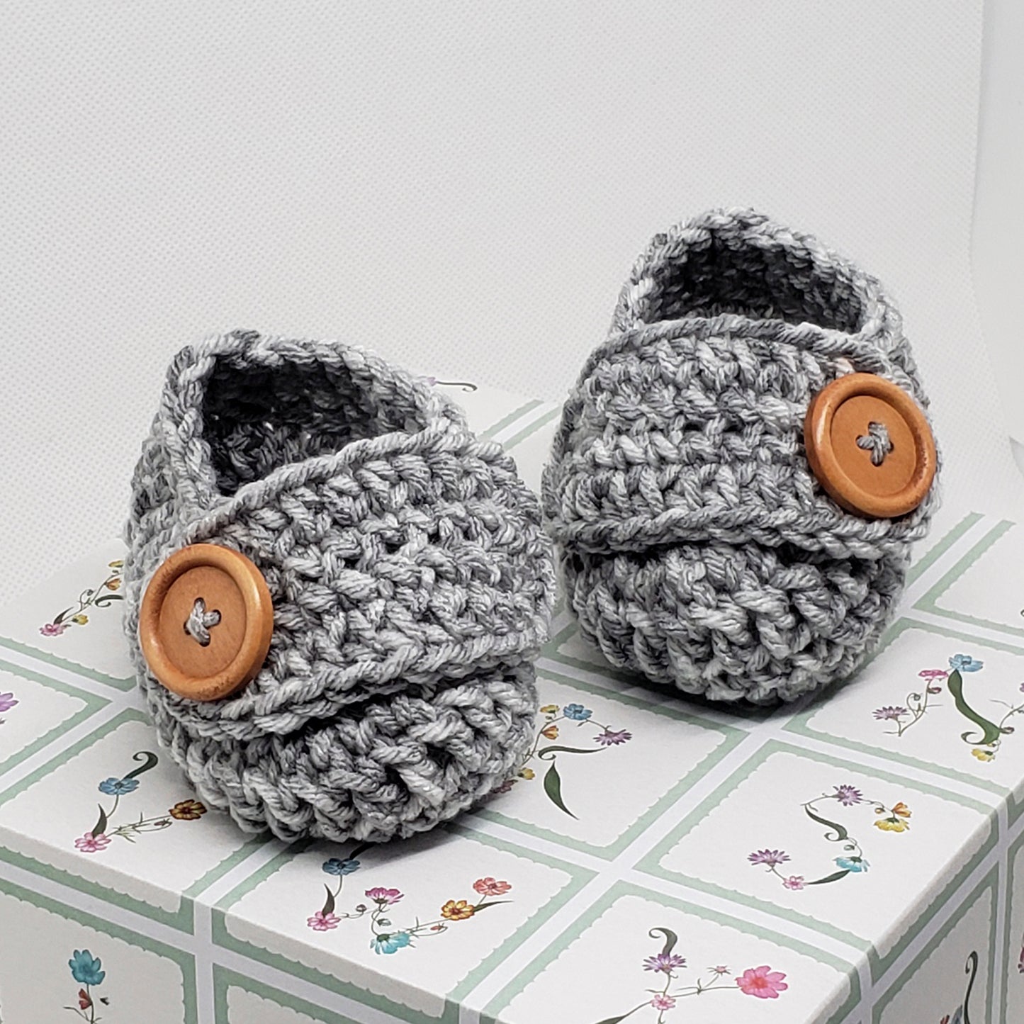 Gray Baby Booties with Brown Button